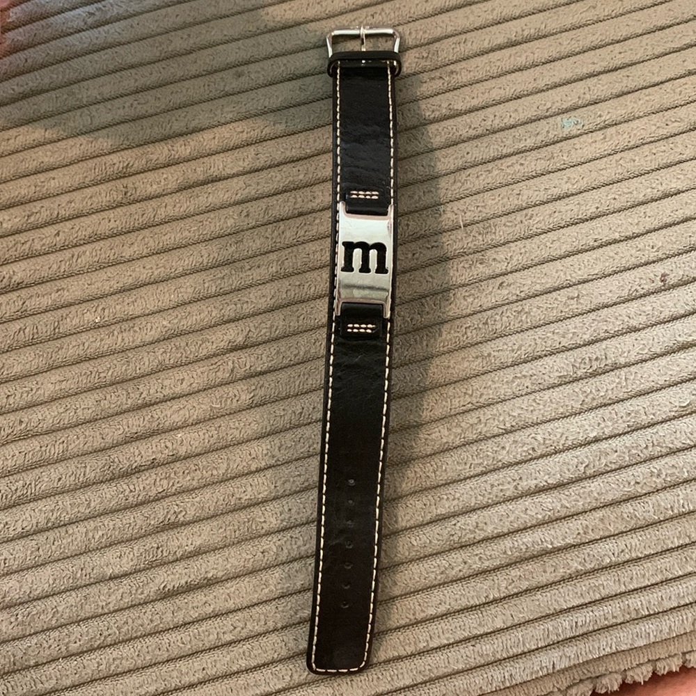Women’s Fossil initial bracelet, M letter, black leather with white stitching